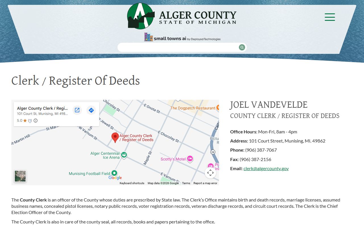 Alger County Clerk / Register of Deeds office about page and court records duties