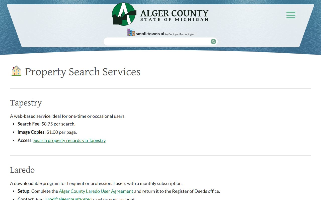 Alger County Clerk / Register of Deeds online property records access and court records portal