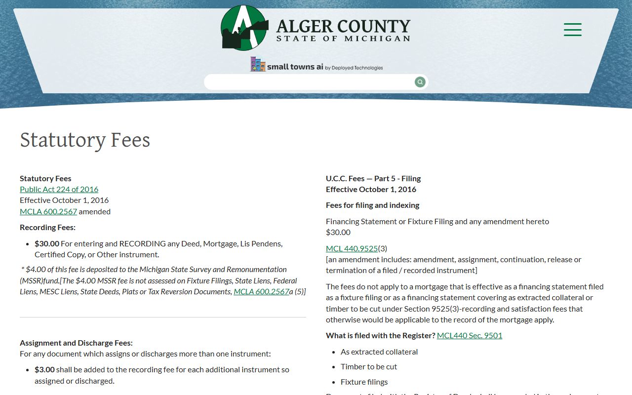 Alger County Clerk / Register of Deeds statutory fees and court records charges
