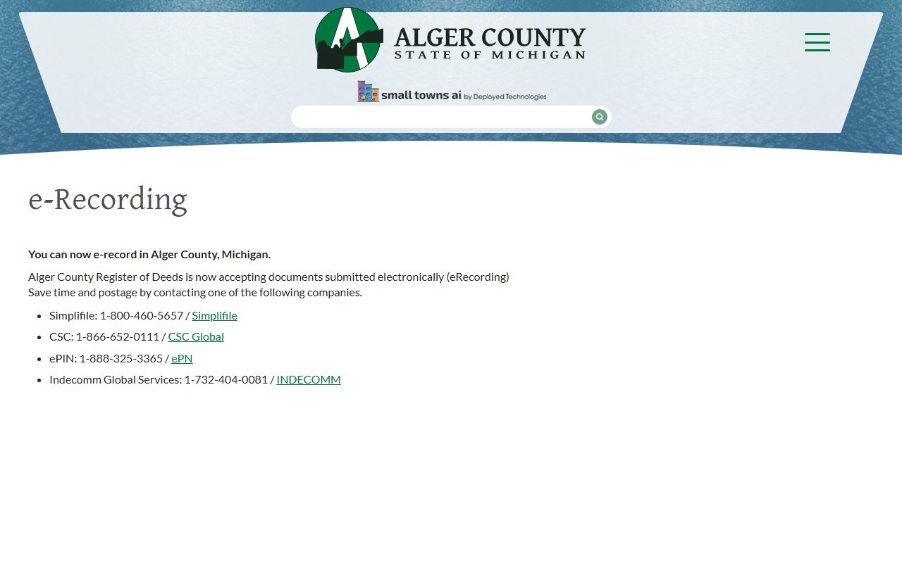 Alger County Clerk / Register of Deeds e-recording service for property court records