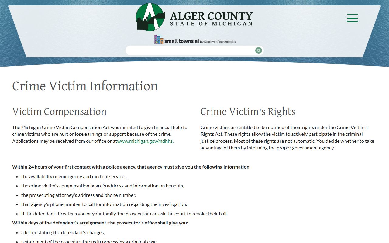 Alger County arrest records and court charges crime victim information