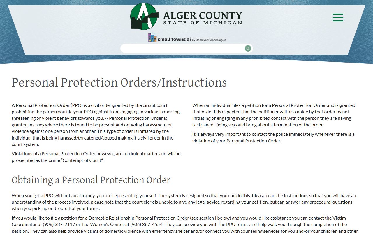 Alger County arrest records and court charges personal protection order instructions