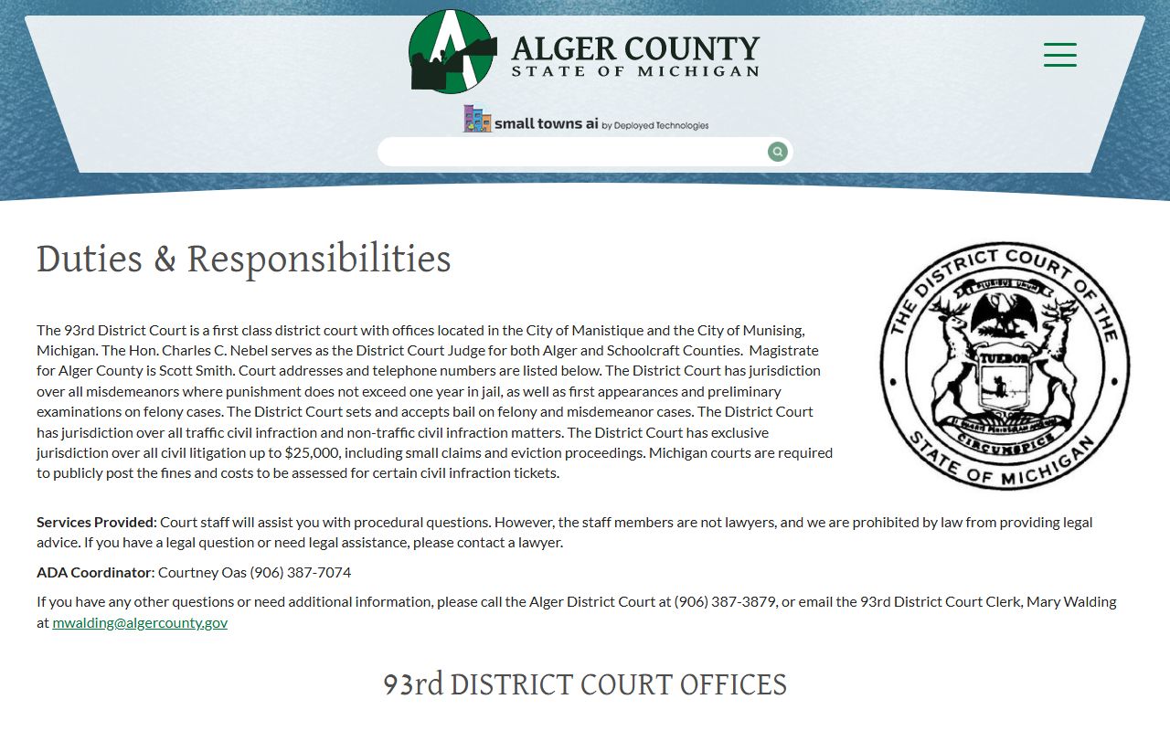 Alger County court dockets district court duties