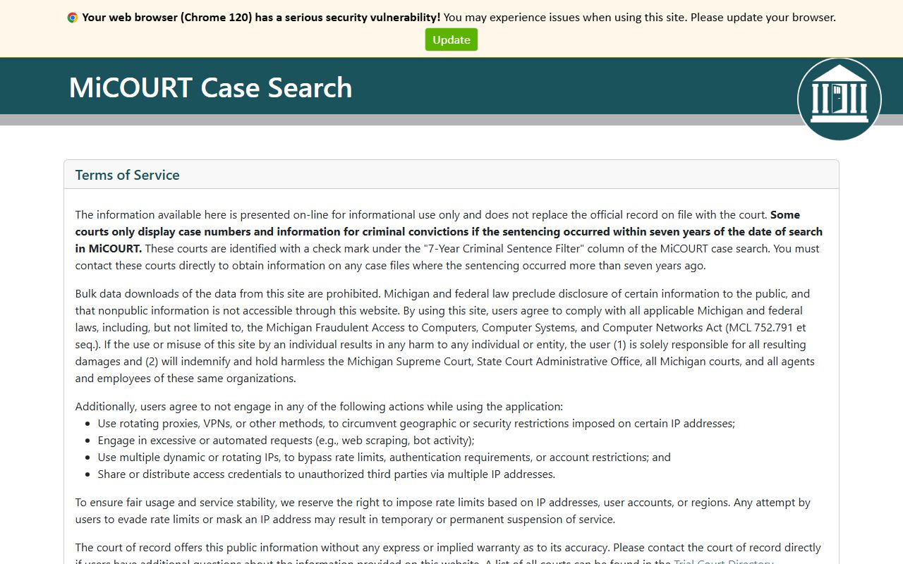 Alger County court records on the MiCOURT case search platform