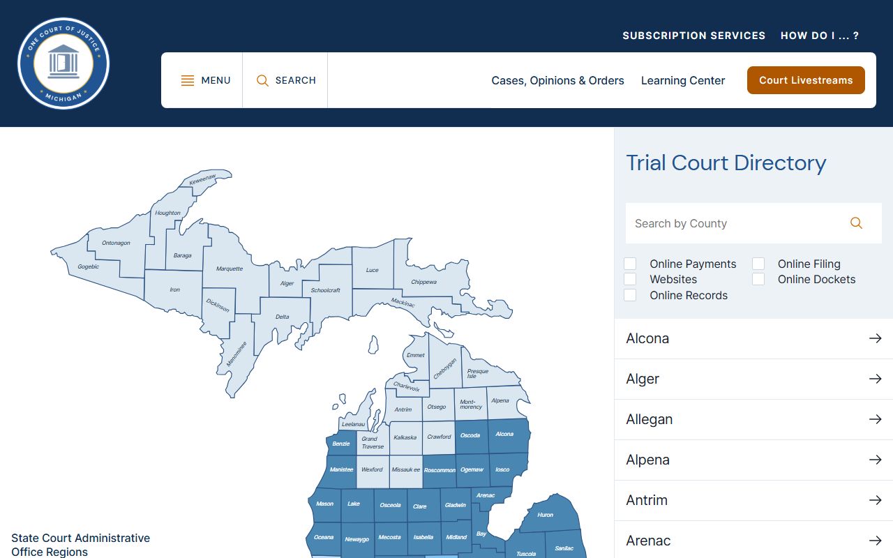 Alger County court records access through the Michigan trial court directory