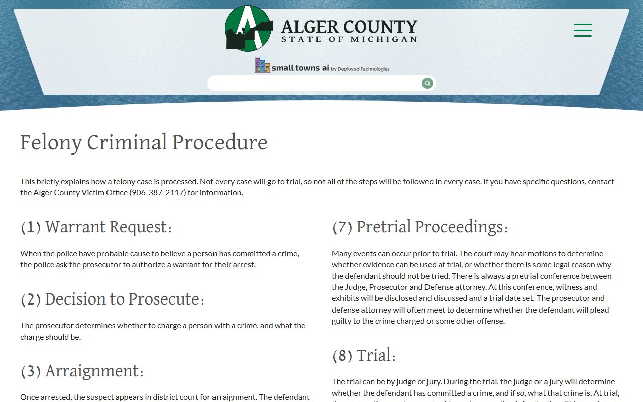 Alger County criminal court records felony procedure