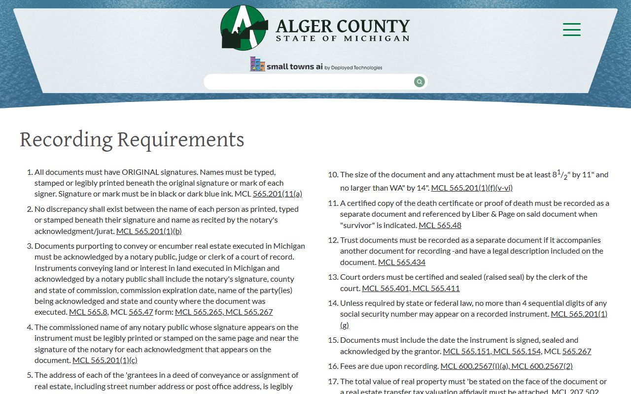 Alger County Circuit Court and register of deeds recording requirements