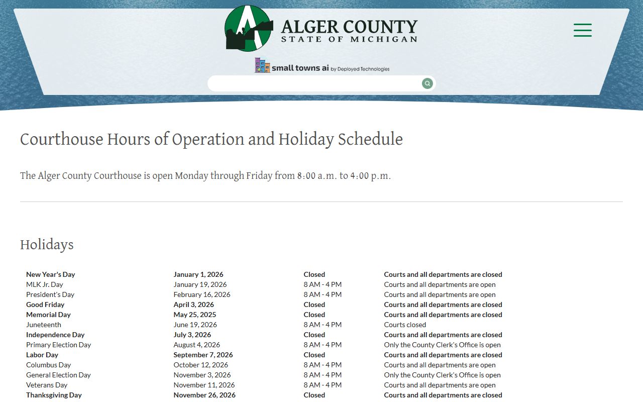Alger County court records hours on the courthouse schedule page