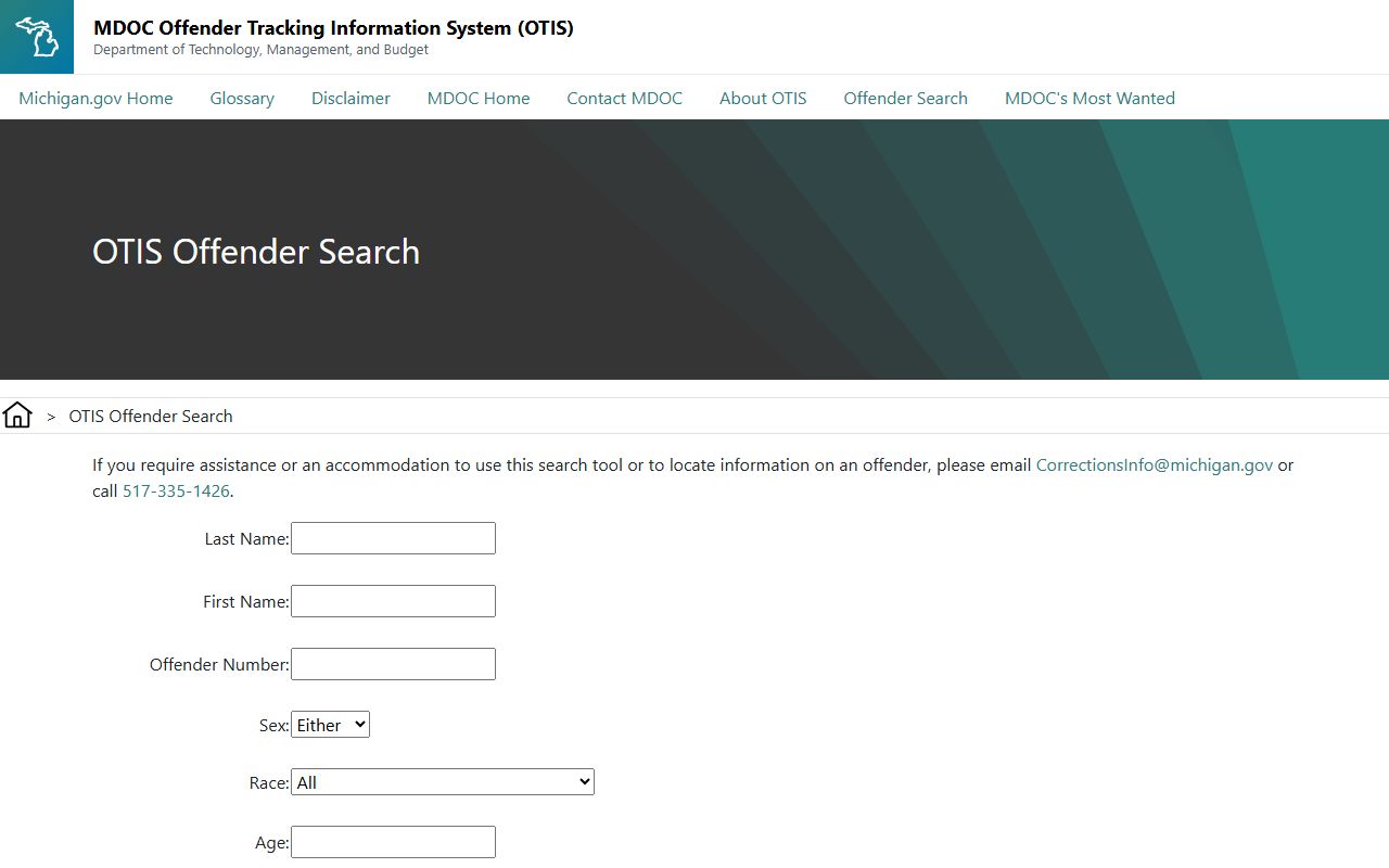Alger County inmate records OTIS offender search form with name and status fields