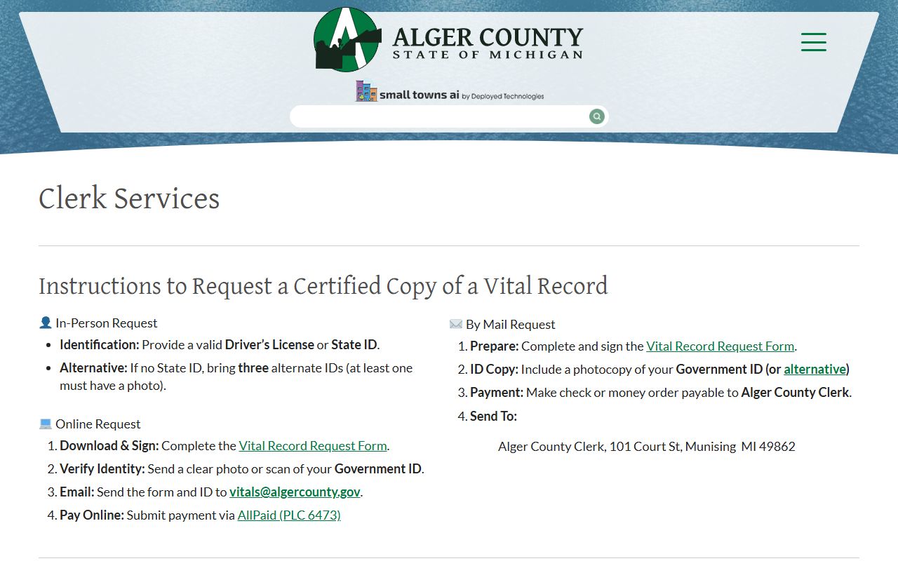 Alger County marriage and divorce records clerk services page