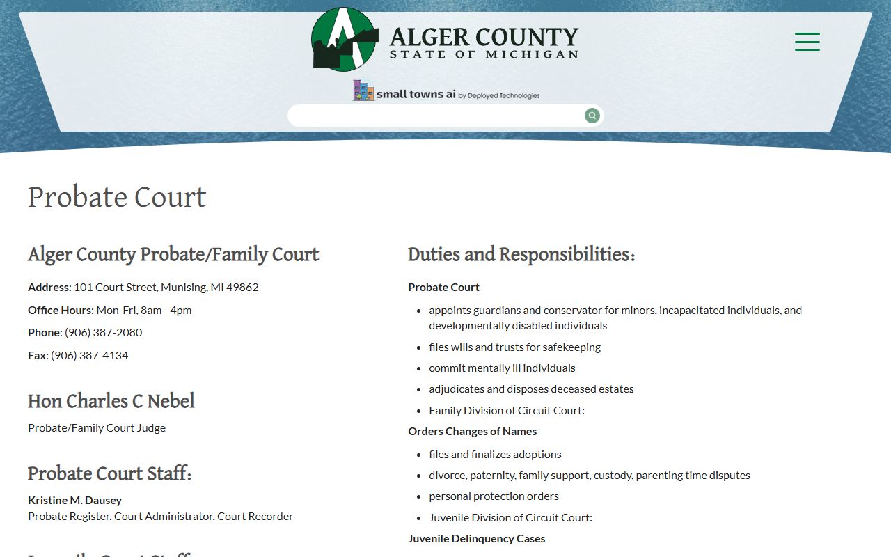 Alger County probate records at the Probate and Family Court