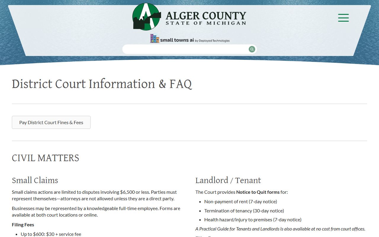 Alger County traffic court records district court FAQ page