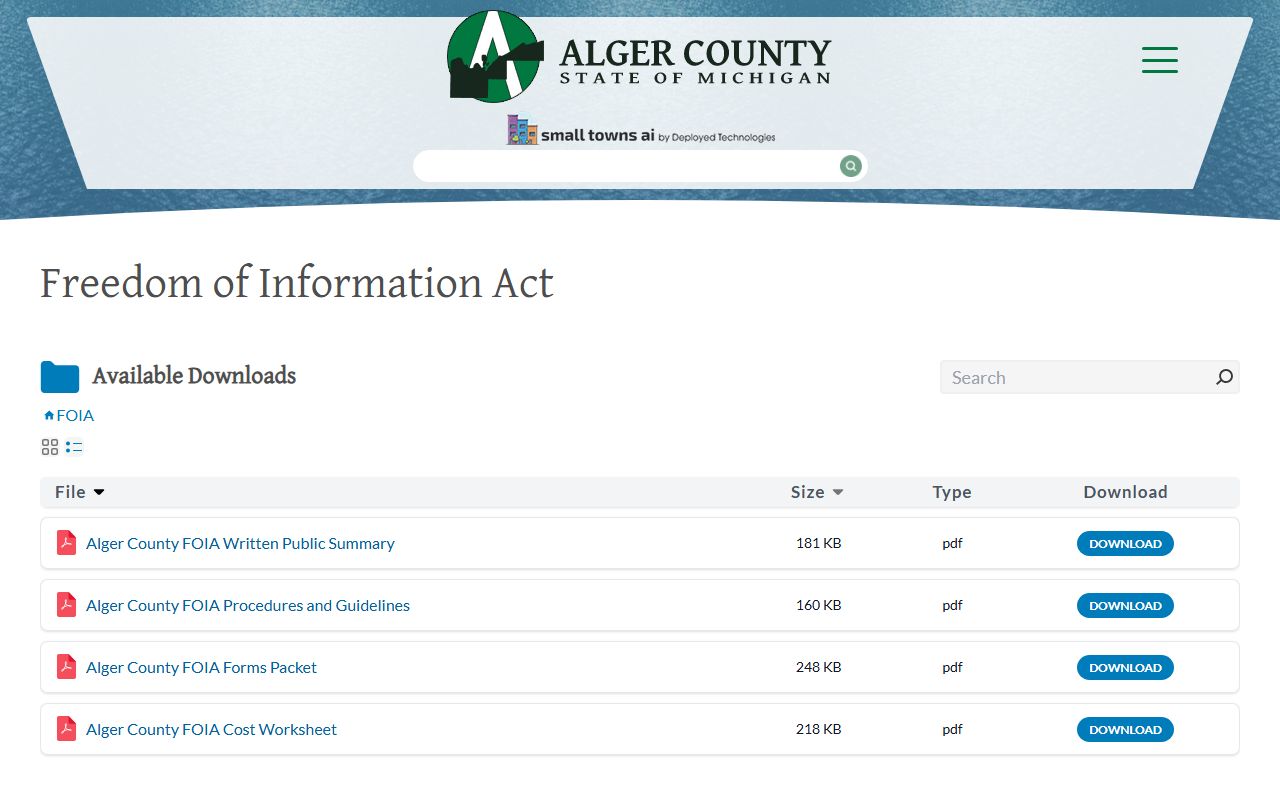 Alger County warrant records FOIA request page